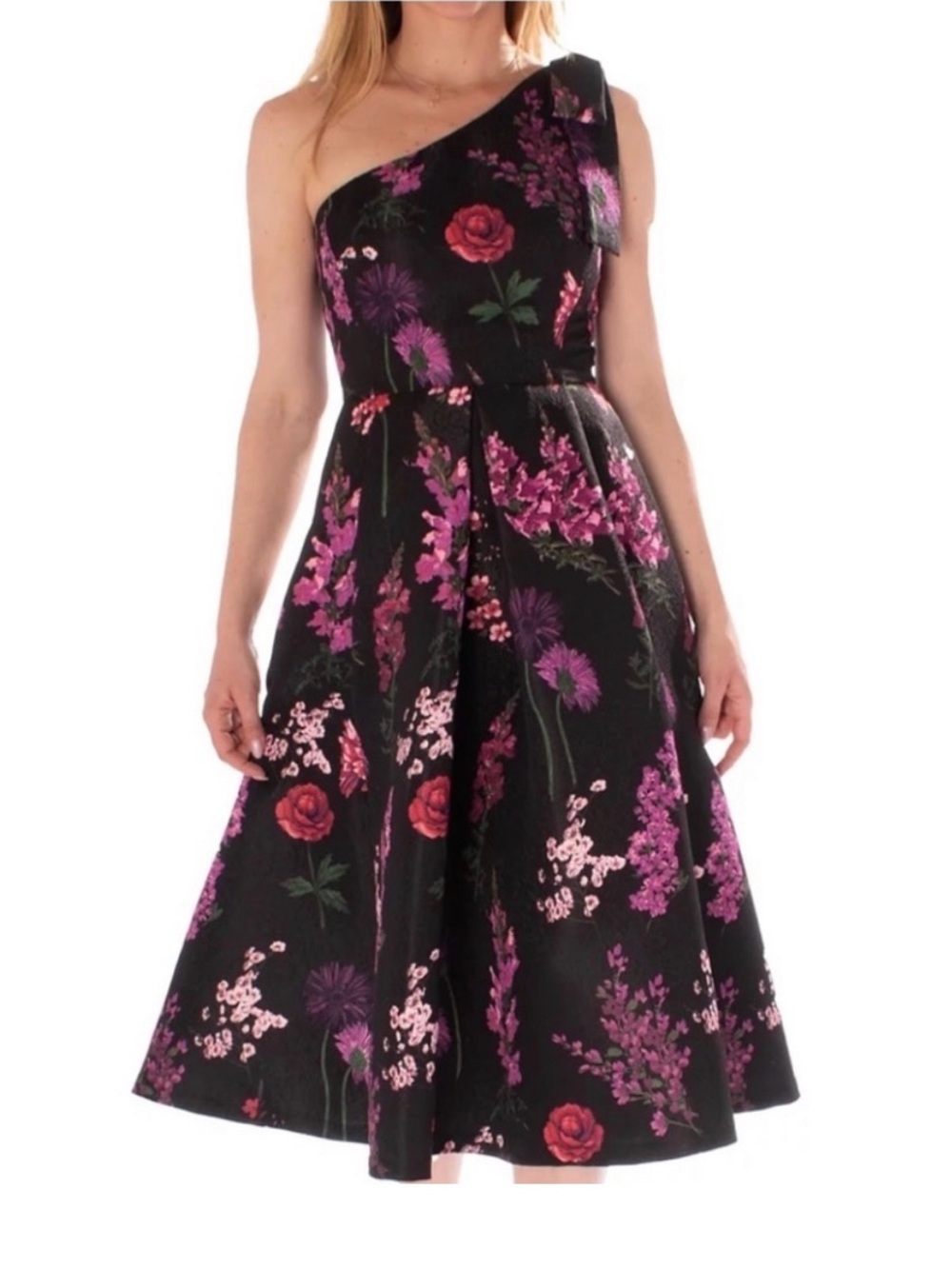 Maison Tara Black One-Shoulder Floral Party Dress with Pink and Red Blooms